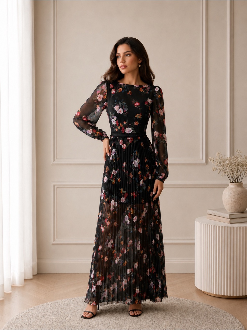 Black Floral Long-Sleeve Pleated Maxi Dress